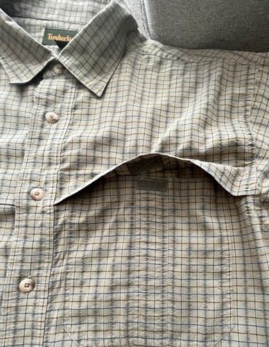 Timberland Shirt Beige Gray Plaid Pocket Short Sleeve Button Down Cotton Poly L - Picture 3 of 5