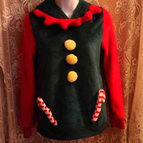No Boundaries Juniors size S Elf hooded fleece top candy cane accents