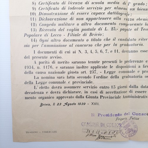 Cartel Consorcio De Secretaría De Los Municipios De Brivio Y Airuno Año 1939 - Imagen 2 de 3