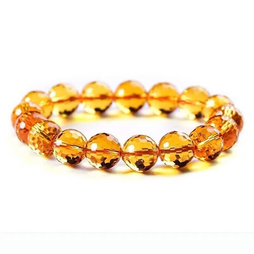 Natural Yellow Citrine Quartz Crystal Faceted Cut Round Beads Bracelet 10-12mm - Picture 6 of 10
