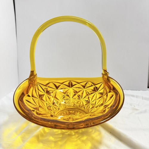 Vtg Indiana Monticello Glass Basket Quilted Star Flower Crimped Yellow Large 10" - Picture 6 of 7