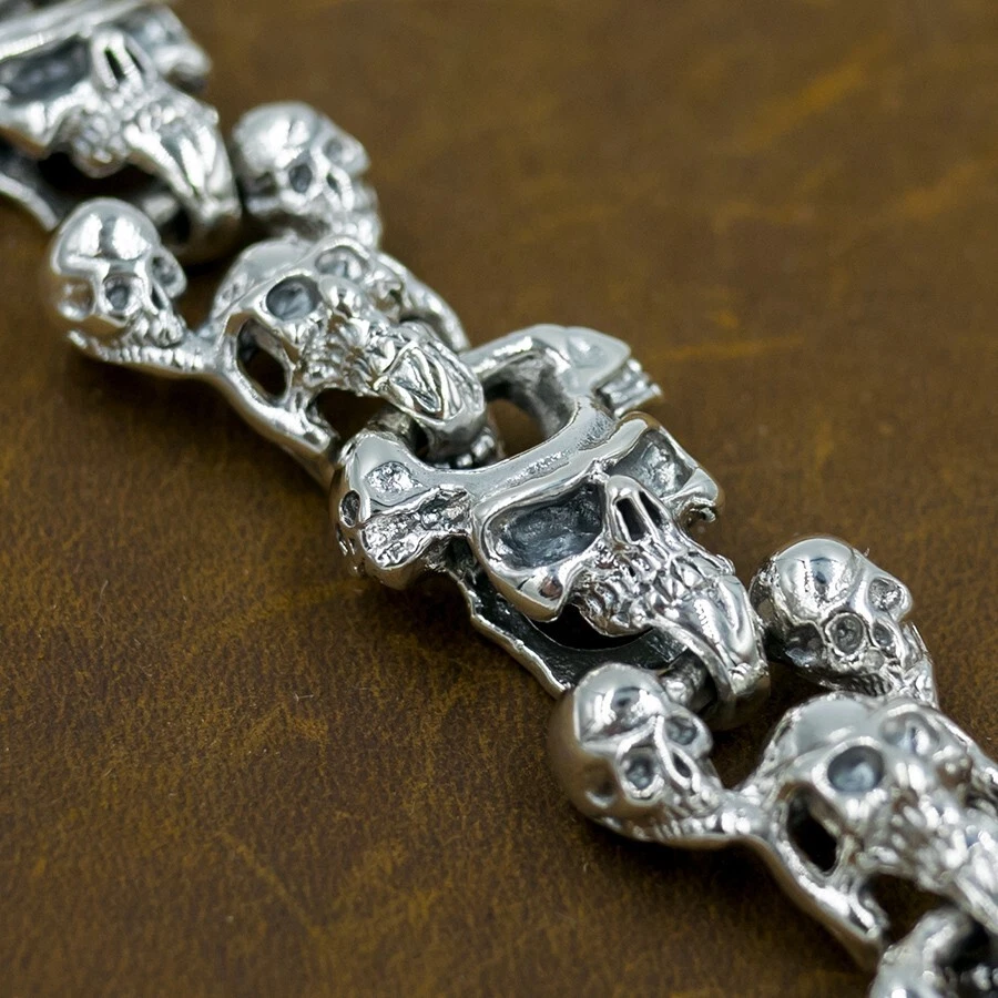 85g 9.5" Grueso Pesado Multi Calaveras Eslabón Motociclista 925 Plata de Ley Pulsera Hombre Foto 3 de 4