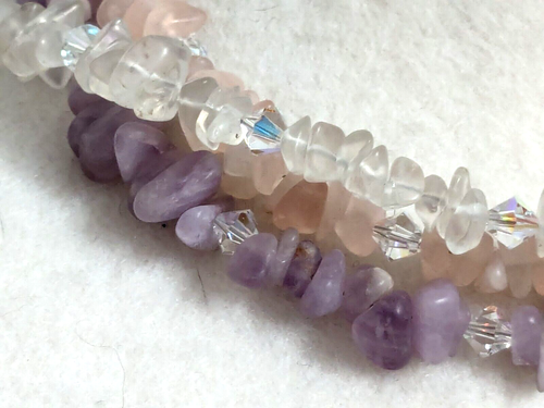 Vintage 3 strand Gemstone Chips Clear & Pink quartz & Amethyst & AB Necklace 18" - Picture 5 of 10