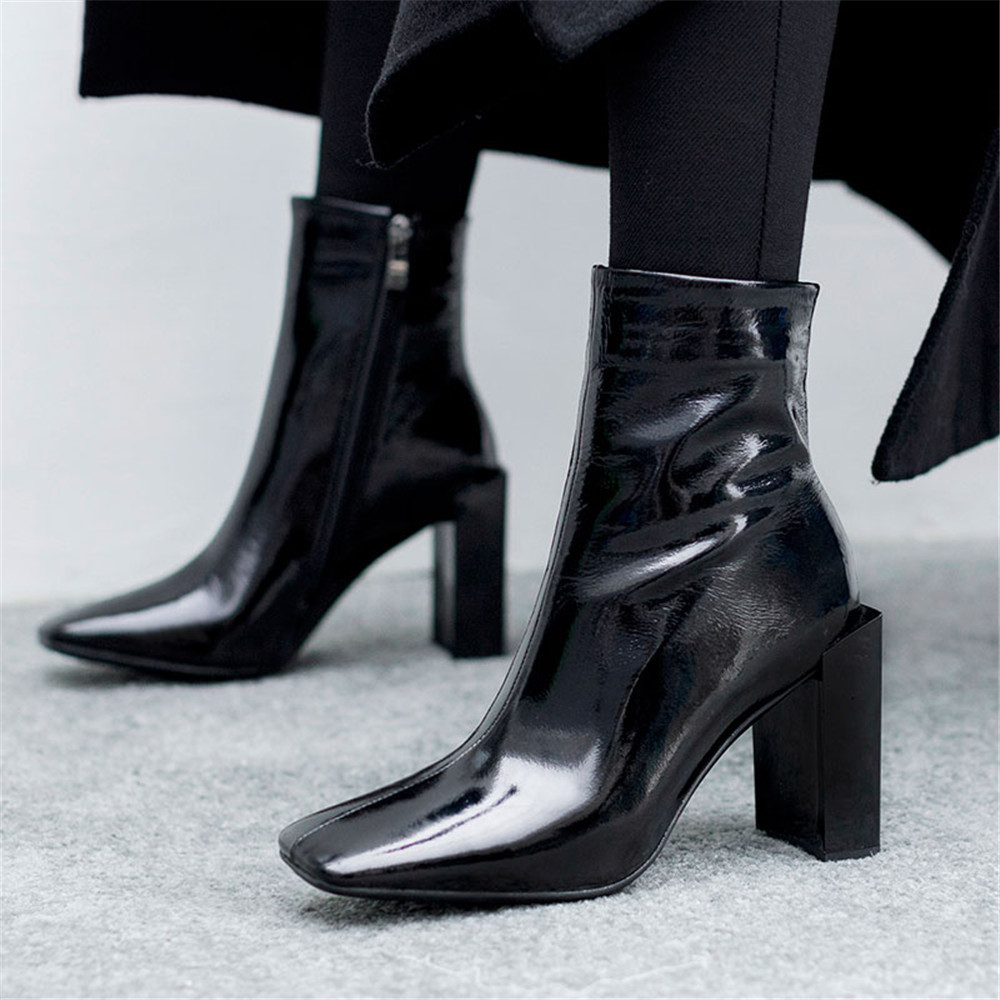 Lackleder Damen Winter Hoher Blockabsatz Stiefeletten Eckig Freizeit Ankle Stiefel Lackleder Damen Winter Hoher Blockabsatz Stiefeletten Eckig Freizeit Ankle Stiefel