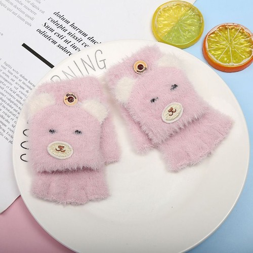 Half Finger Flip Bear Baby Gloves - Warm Winter Knitted Unisex Stretch Mittens - Picture 4 of 15