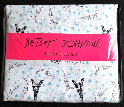 Betsey Johnson Performance Collection Bed Sheet Set -Je T'aime Paris, Queen NEW - Picture 1 of 2