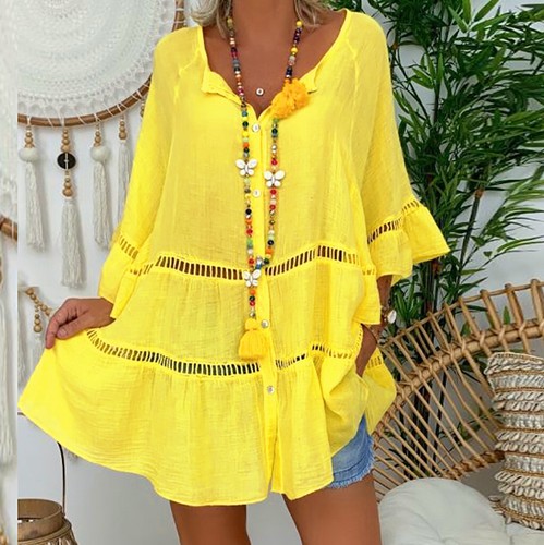 Summer Women's Cotton and Linen V-neck Loose Hollow Three-quarter Sleeve Dress - Picture 16 of 38