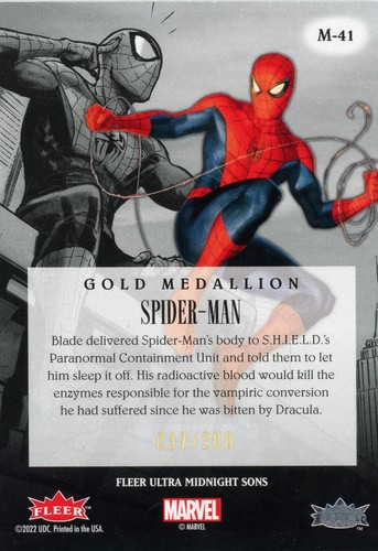 2023 Fleer Ultra Midnight Sons MEDAGLIONE D'ORO #M-41 Spider-Man 037/200 - Foto 2 di 2