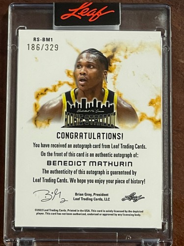 2022 LEAF ROOKIE STANDOUT ENCASED BENNEDICT MATHURIN 1st ROOKIE AUTO # /329 - Picture 3 of 3