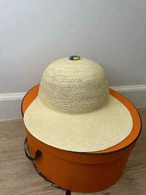 HERMES エルメス ハット 茶x黄 57cm 4103525M0008 Hermes Straw Sun Hat Full Set With Hatbox Sz. 57 | eBay