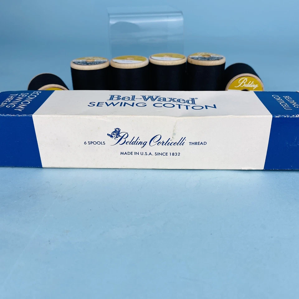 6 Bel Waxed Cotton Belding Corticelli Black Thread Wood Spools Sewing USA NOS - Image 4 of 4
