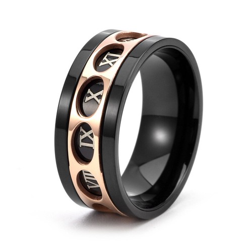 Fashion Black Roman Numerals Spinner Ring Stainless Steel Wedding Ring Size 7-12 - Picture 1 of 2