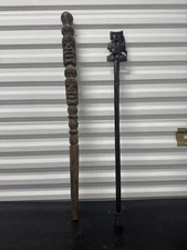 Lot of 2 Vintage Hand Carved Wooden Walking Sticks – Tiki Head African Elephant