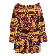 African maxi dress: flounced sleeves, geometric print. Ideal for summer nights.