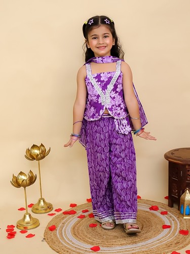Kids Girls Party Wear Dress Floral Printed Girls Co-Ords Top Bottom Dupatta Set - Picture 2 of 18