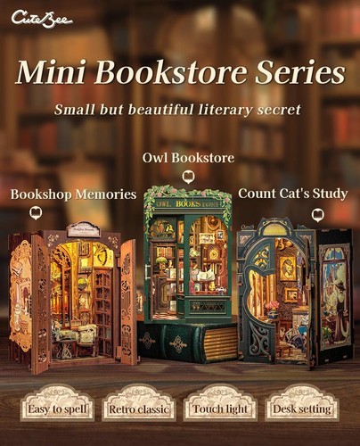 Diy Book Nook Kit Miniature Dollhouse with Light Wooden Bookshelf Insert Decor - Picture 7 of 27