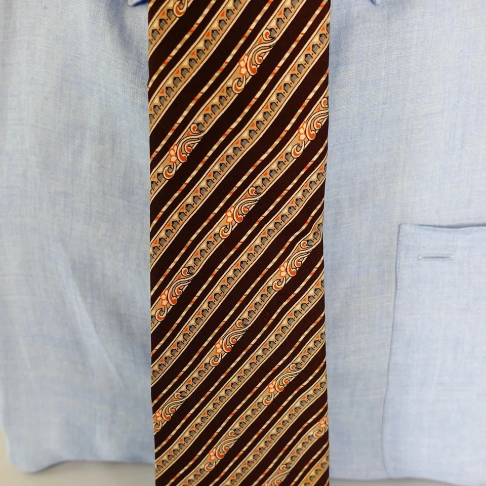 Brown Neck Tie Mens Cream Striped Silk Solid Paisley Narrow Boho Suit Floral DAN - Image 2 of 4