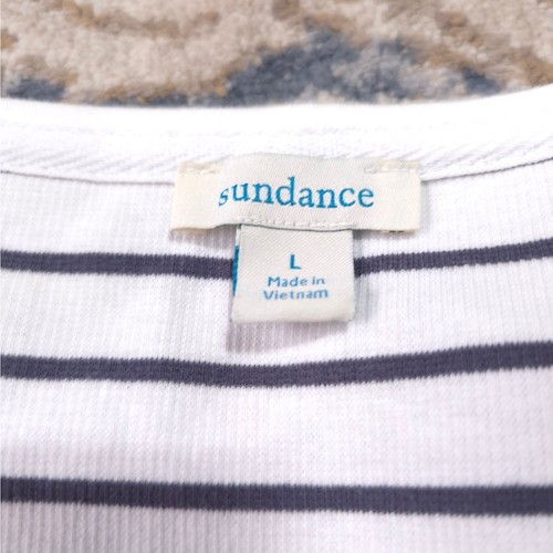 Sundance Striped Short Sleeve Knit Blouse Women Size L Cotton Blend Button Neck - Picture 3 of 7