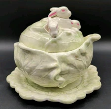Vtg Holland Mold Cabbage Leaf Bowl Underplate & Bunny Rabbit Trio Lid Signed