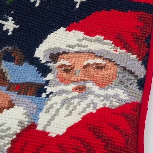 Vintage Handmade Lined Needlepoint Santa Claus Christmas Stocking Velvet Backing - Picture 2 of 6