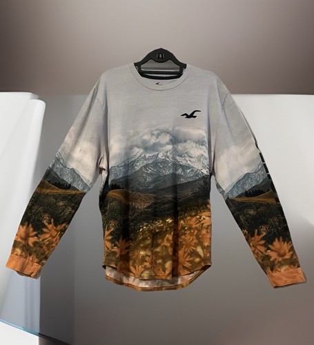 HOLLISTER T-Shirt Herren Gr. XL Mehrfarbig Grafik Berglandschaft Langarm