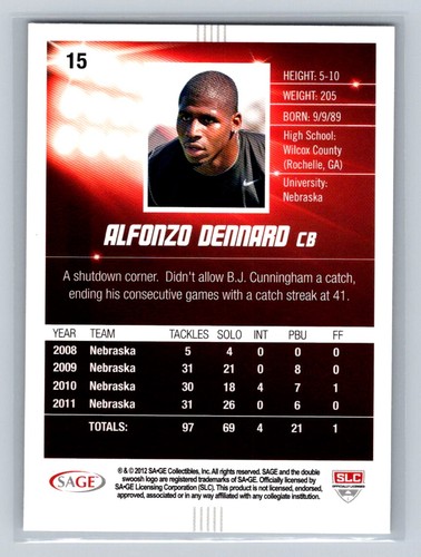 2012 SAGE HIT #15 Alfonzo Dennard Nebraska Cornhuskers - Picture 2 of 2