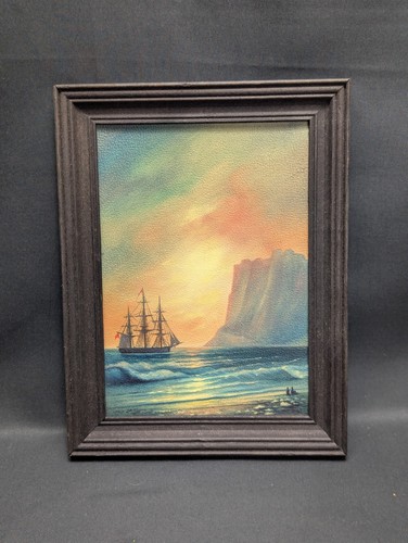 Vintage Oil Painting Ship Sailing at Sea with Sunset Art Signed by Artist Small - Picture 2 of 8