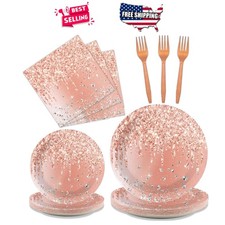 Birthday Tableware Set Pink Rose Gold Disposable Plates Napkins Forks 24 Guests