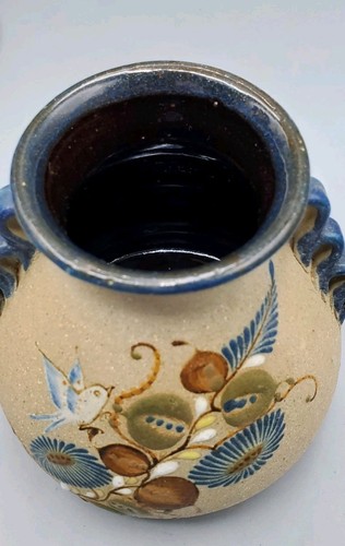 Tecpatl Mexican Tonala Covered Sandstone Ceramic Jar Vase Curled Handles & Bird - Picture 10 of 11