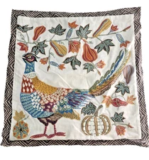 Pottery Barn Pheasant Bird Embroidered Pillow Cover 20” Fall Autumn Thanksgiving