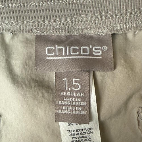 Chicos Pants Women 1.5 10 Tan Khaki Floral Embroidered Adjustable Length Pull On - Picture 14 of 17