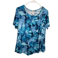 Naif Blouse Women's Petite XL Blue Floral Short Sleeve Tie Shirt Top Casual
