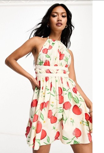 ASOS DESIGN Neckholder-Mini-Sommerkleid Kirschefarben hinten zum Binden Damengröße US 10 - Bild 7 von 8