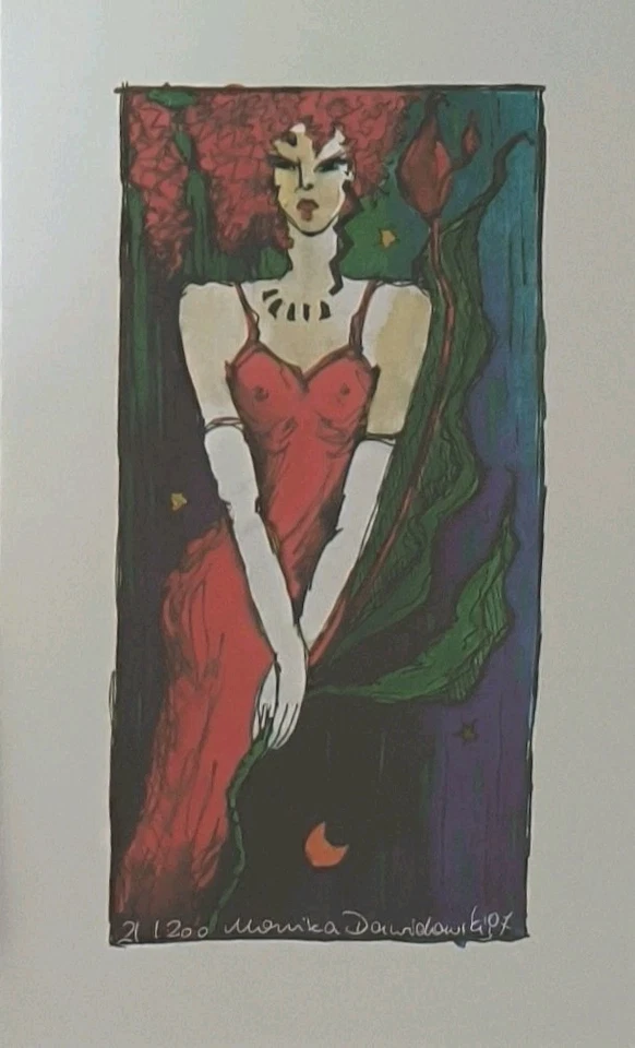 Limitierter Druck handsigniert rothaarige Dame im eleganten  roten Kleid  Von... - Bild 2 von 4