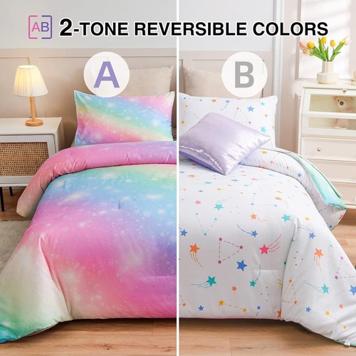Reversible Rainbow Plush Galaxy Bedding Set - Ultra-Soft Microfiber Twin Size - Picture 4 of 11