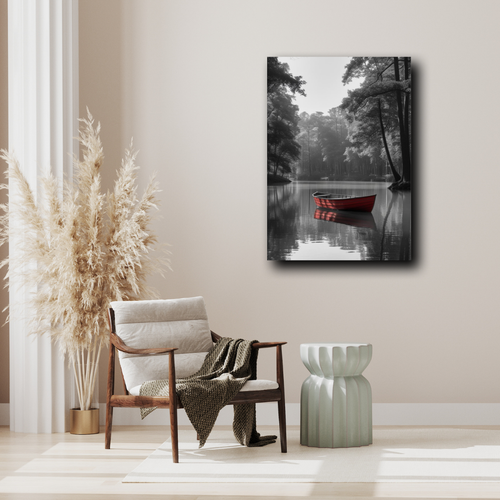 Red Boat on Misty Lake Canvas – Selective Color Wall Art Print – Serene Nature - Picture 34 of 44
