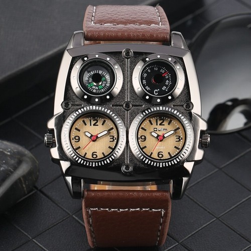 Oulm Men's Dual Time Zone Military Watch Decoration Compass Thermometer Big Face - Foto 10 di 16