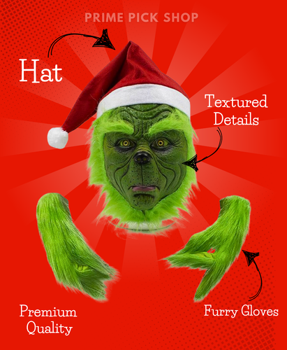 Christmas Gremlin Grinch Green Latex Mask with Gloves Xmas Hat - Picture 2 of 7