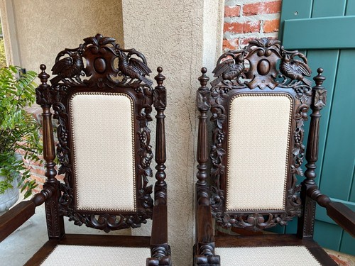 PAIR Antique French Arm Chair Dining Renaissance Carved Oak Bird Black Forest - Picture 6 of 20