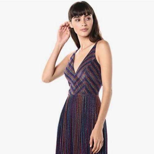 Vestido ajustado y acampanado metálico a rayas Dress the Population Hayley talla mediana - Imagen 2 de 12