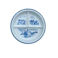 Vintage Milk Glass Blue Little Bo Peep Divided Toddler Plate