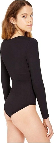 Bar III Women's Black Ribbed Long Sleeve V Neck Thong Bodysuit Size SMALL - Picture 3 of 4