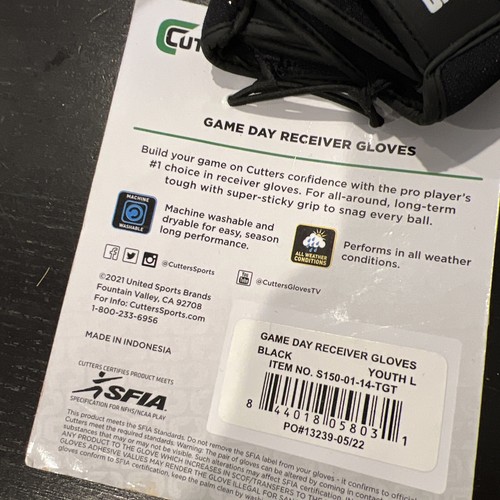 Cutters Football Game Day Super Sticky Grip Receiver Gloves Youth Lg Black Topo - Picture 3 of 4