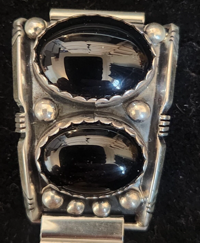 Orologio Navajo 2 Pietre Onice Nero Cinturino Stretch Uomo Punta Insegna Argento Sterling JH - Foto 3 di 4