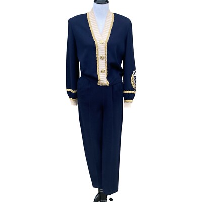 St John Collection Santana Knit Pant Suit Sz 2 Navy Gold Crest Buttons Old Money