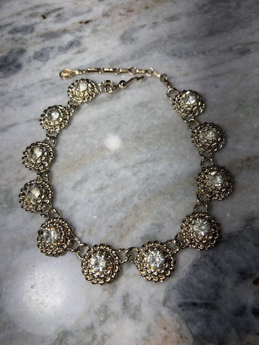 Vintage Cora Gold Tone Choker Necklace, Large Rhinestones, Chain Design, 13”-16” - Picture 6 of 7