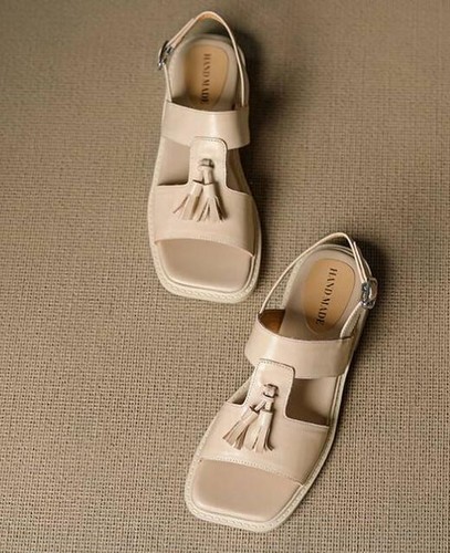 Women's Leather Peep Toe Buckle Slingback Flats Summer Tassel Shoes Sandals - Picture 8 of 15
