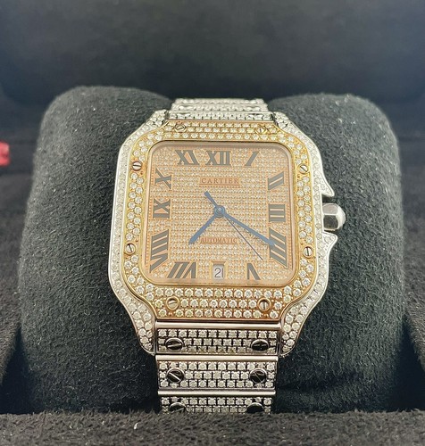 Cartier Santos Herren 40mm Roségold Zifferblatt Stahl Uhr Roman Iced Out 12ct Diamanten - Bild 8 von 8