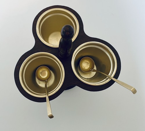 Condiment Chadwick Wooden Caddy Holder and Metal Sauce Bowls Two Spoons / Ladles - Picture 2 of 24