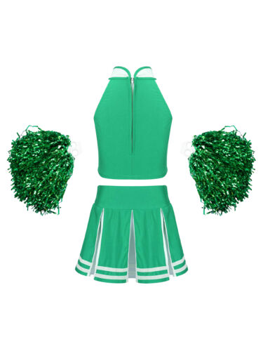 AU Girls Cheer Leader Costume Cheerleading Top with Pleated Skirt Pom Poms Set - Foto 28 di 58